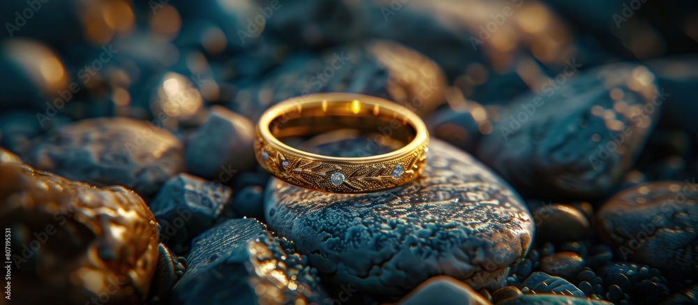 Close-up luxury gold ring jewelry on stone