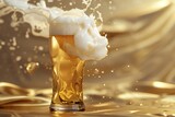 Glass of beer with splashes on golden background, close-up