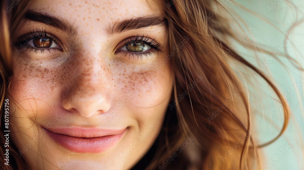 Closeup portrait of a young woman with freckles on her face, her hair is brown and her eyes are brown and green. Closeup portrait of a young woman with freckles on her face, her hair is brown and her eyes are brown and green.