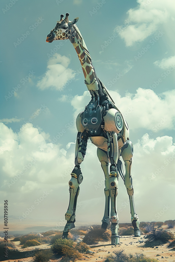 Naklejka premium The image shows a robotic giraffe standing in the middle of a desert. The giraffe is made of metal and has a long neck. The background is a clear blue sky with some clouds.