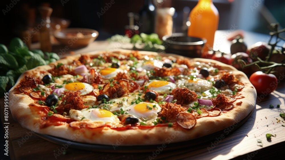 a pizza with meat cheese and broccoli on it a pizza with meat cheese and broccoli on it