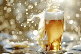 Frosty glass of beer with ice and splashes on bokeh background