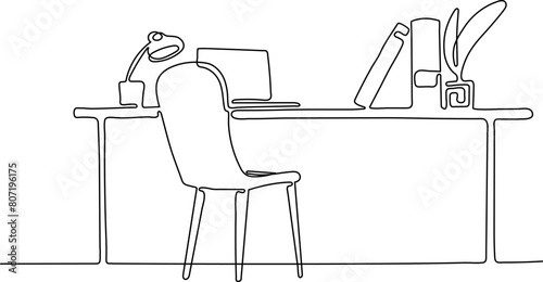 Office desk with desktop and chair in one continuous line drawing. Vector illustration