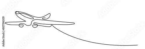 Single line drawing : commercial airplane takeoff and climb. Takeoff is the phase of flight in which an aerospace vehicle leaves the ground and becomes airborne. Vector illustration for transportation