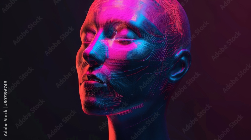 3d rendering of a female head made of wireframe with neon lights 3d rendering of a female head made of wireframe with neon lights