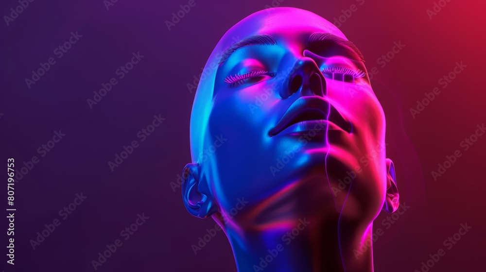 3d rendering of a female head made of wireframe with neon lights