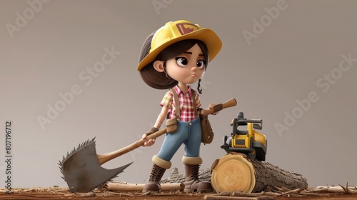 Cartoon digital avatars of Lucy the Lumberjack Lucy may be small but shes mighty, as she expertly wields her axe and chainsaw to chop down trees and gather wood for building. photo