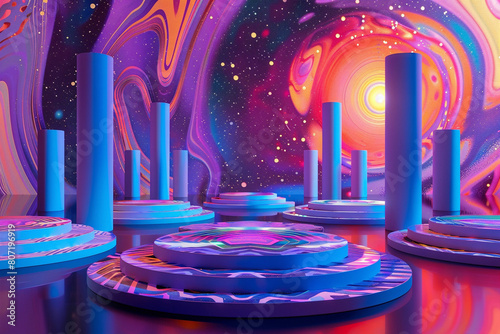 Surrealism meets pop in this vibrant digital painting of a psychedelic dreamscape with floating platforms and a cosmic backdrop. photo