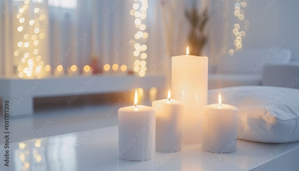 Candles burn in contemporary white interior Candles burn in contemporary white interior