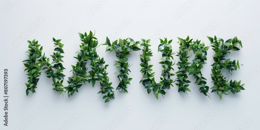 A word NATURE made of green leaves on a white background A word NATURE made of green leaves on a white background
