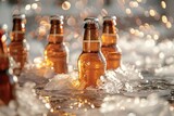 Bottles of beer on the ice with bokeh background
