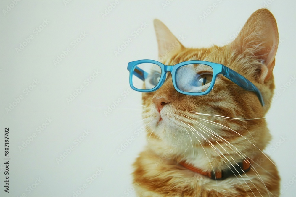 Cute ginger cat wearing glasses with blue collar on white background