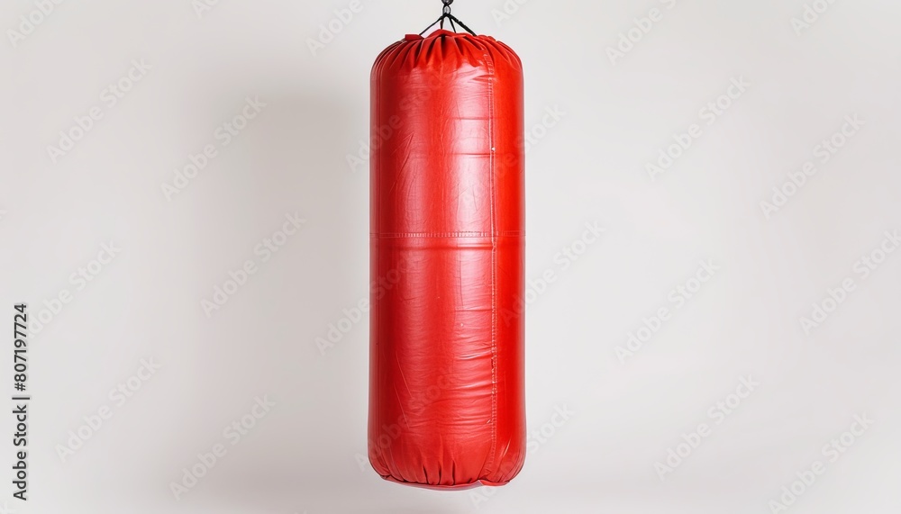 A solo red punching bag in a studio isolated on a white background A solo red punching bag in a studio isolated on a white background