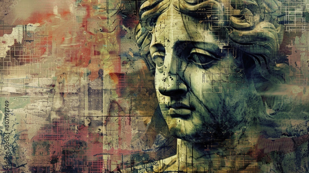 Fototapeta premium Surreal contemporary art collage featuring antique statue head.