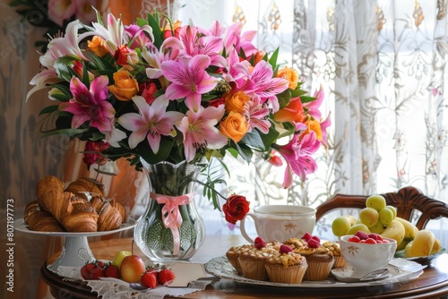 Wallpaper Mural Mother's Day scene with flowers, a handwritten card, and breakfast delicacies on a wooden backdrop. Torontodigital.ca