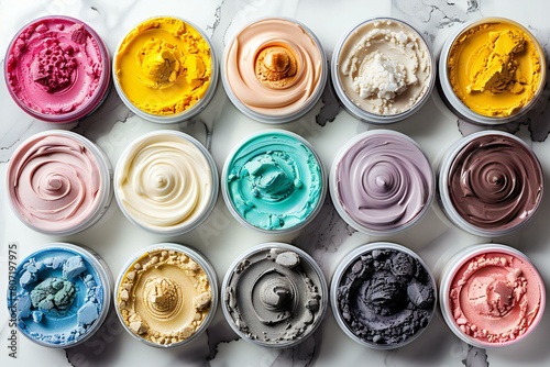 Variety of paint colors in glass jars on white marble background