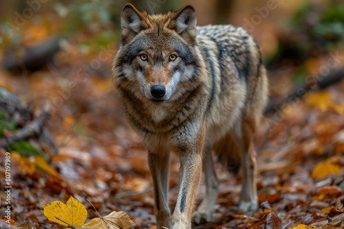 Gray wolf  Canis lupus  in the autumn forest