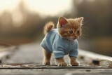 Cute little kitten in sweater on wooden bridge outdoors, closeup