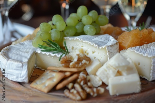 Assorted cheeses served with fruit jam cured meat crackers nuts and wine photo