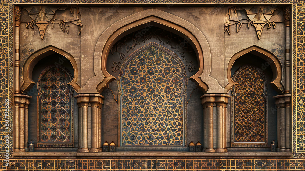 Obraz premium brown intricate arabic style mihrab with golden arabesque patterns