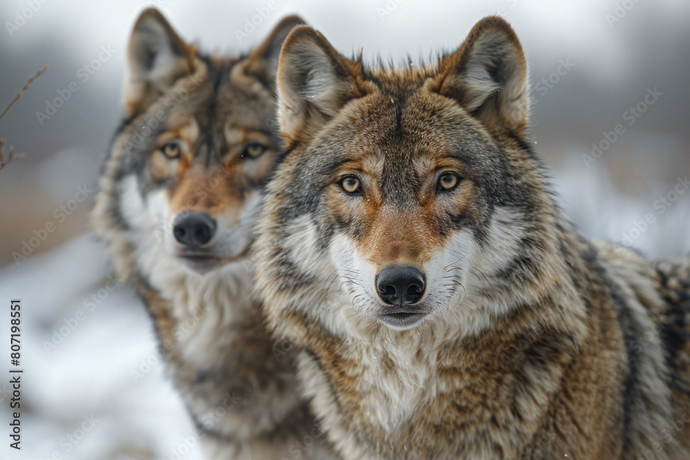 Two wolves looking at the camera in the winter forest,  Close-up