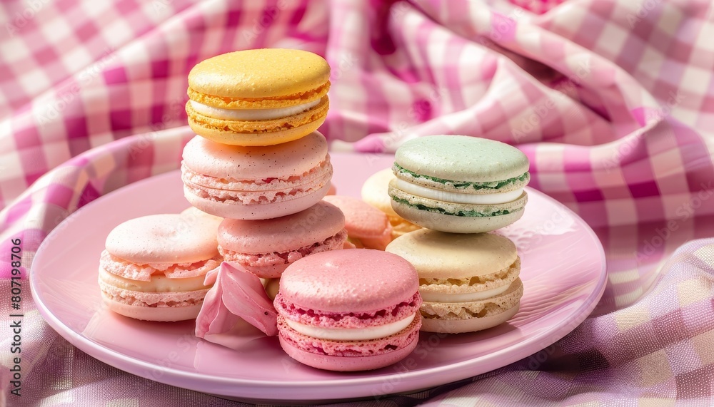 Assortment of macarons in pastel colors displayed on a pink dessert plate at a bakery Vintage checkered tablecloth as table decor