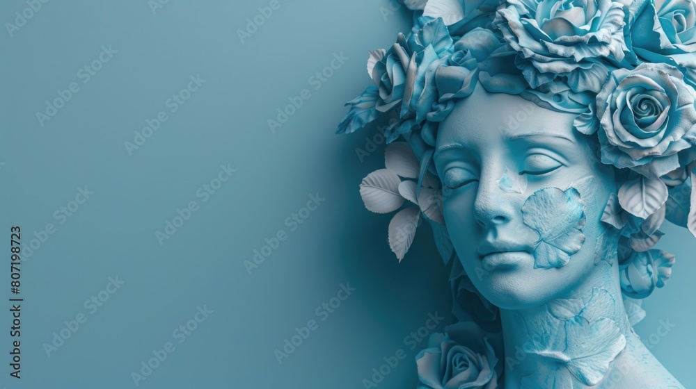 Female antique statue head with blue flowers in surreal style. Female antique statue head with blue flowers in surreal style.