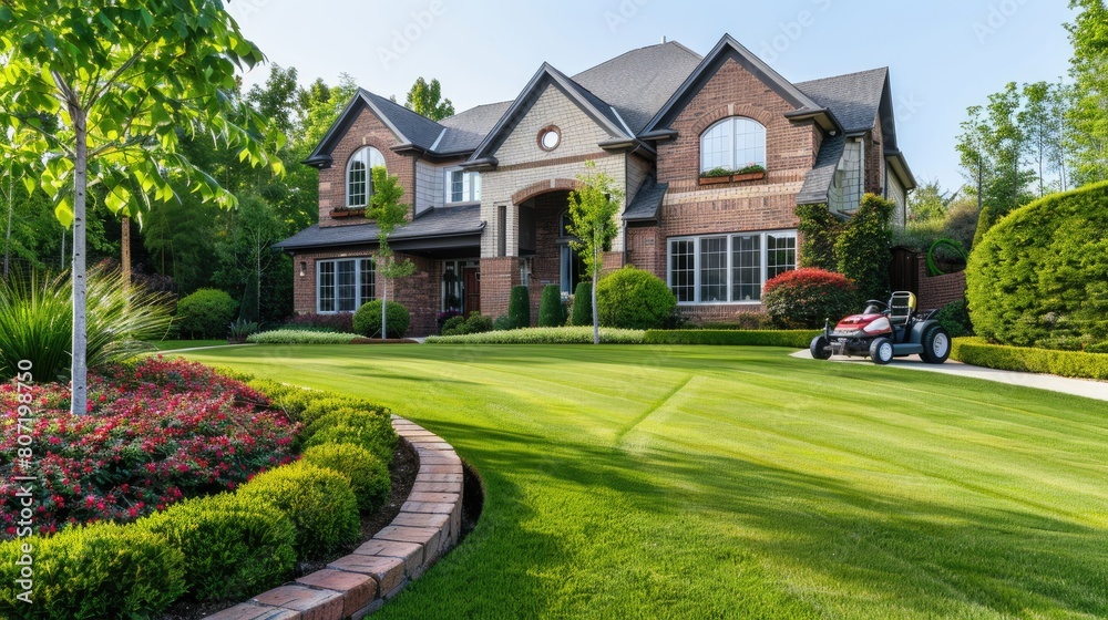 a well-maintained lawn in front of a middle-class house, where a sleek lawnmower stands ready, hinting at the pride of homeownership and meticulous upkeep.