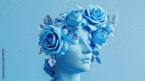 Female antique statue head with blue flowers in surreal style.