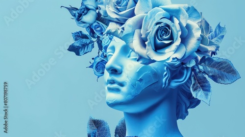 Female antique statue head with blue flowers in surreal style.