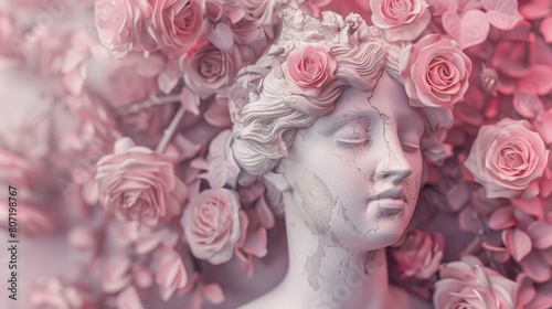 Female antique statue head with pink roses modern design art.