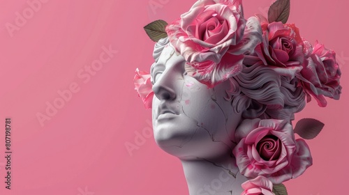 Female antique statue head with pink roses modern design art.