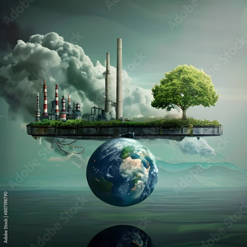 Tipping Point: Illustrate a seesaw balancing a healthy planet on one side and industrial activities on the other, with the industrial side tipping dangerously, suggesting the imbalance created by exce photo