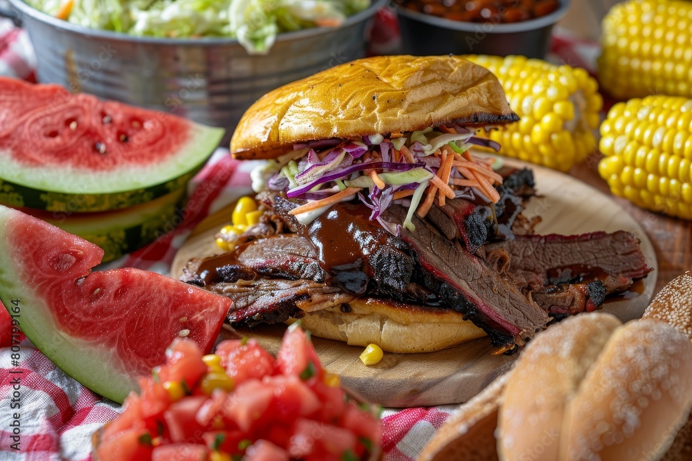 Barbecue brisket sandwich with sides on picnic table Barbecue brisket sandwich with sides on picnic table