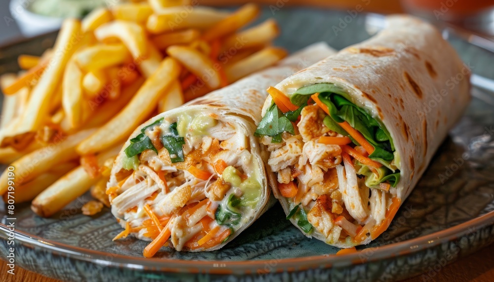 Barbecued chicken wraps with veggies cheese avocado spinach and a side of French fries