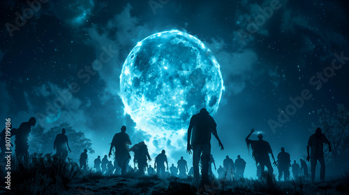 zombies doing a silly dance under a full moon on halloween night