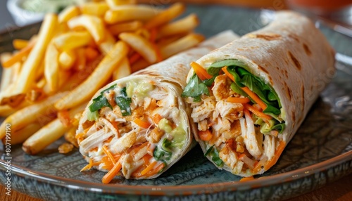 Barbecued chicken wraps with veggies cheese avocado spinach and a side of French fries photo