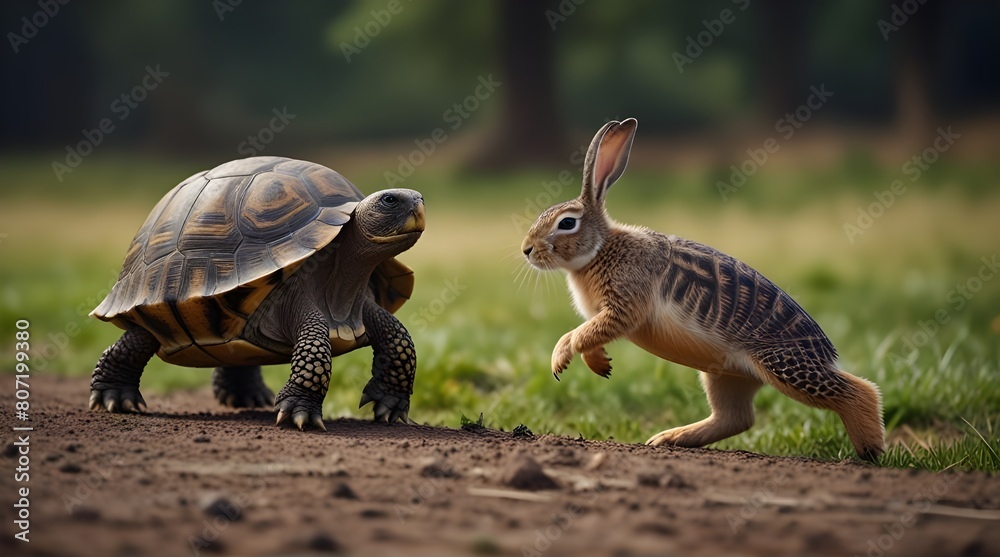 Obraz premium tortoise leading in a hare race in strategy and leadership concept.generative.ai