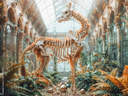Surreal Dinosaur Skeleton Decorated with Orange Moss in Lush Greenhouse