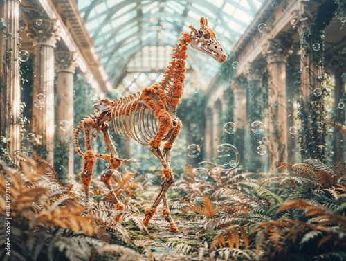 Artistic Display of Giraffe Skeleton Adorned with Flowers in a Lush Greenhouse