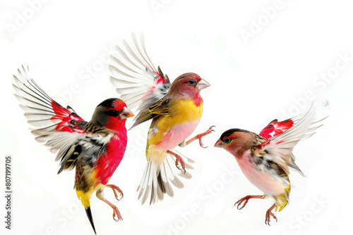 Three finches with wings spread