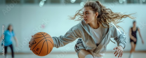 Female basketball player in action with blurred background photo