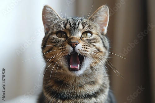 Cute tabby cat yawning on blurred background, closeup © Cuong