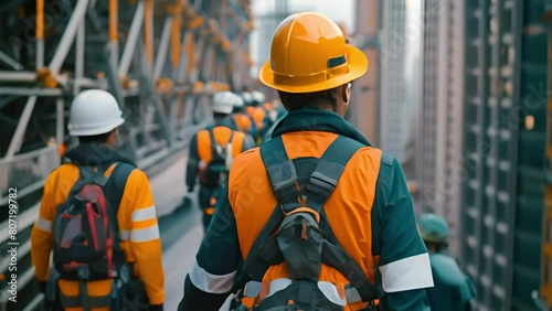 a safety training session for construction workers at a skyscraper site, highlighting the use of safety harnesses and helmets, focus on the prevention of accidents
