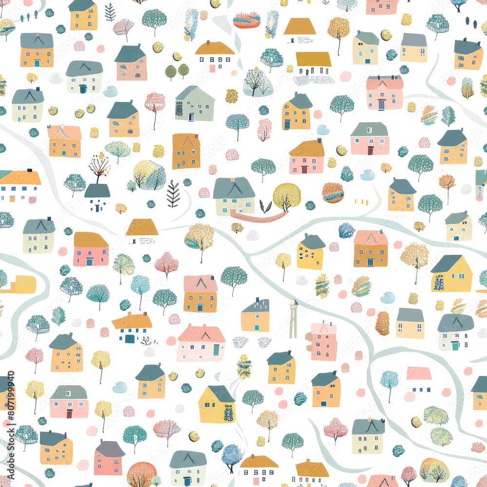 Pastel-colored village map pattern with a seamless repeat, isolated on a transparent or white background, and includes a PNG cutout with a clipping path
