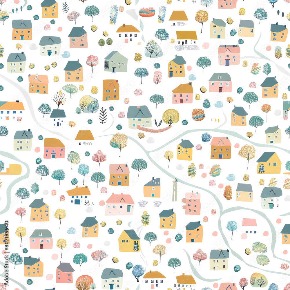 Fototapeta premium Pastel-colored village map pattern with a seamless repeat, isolated on a transparent or white background, and includes a PNG cutout with a clipping path