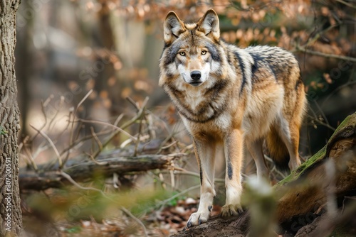 Portrait of a wolf  Canis lupus  in the forest
