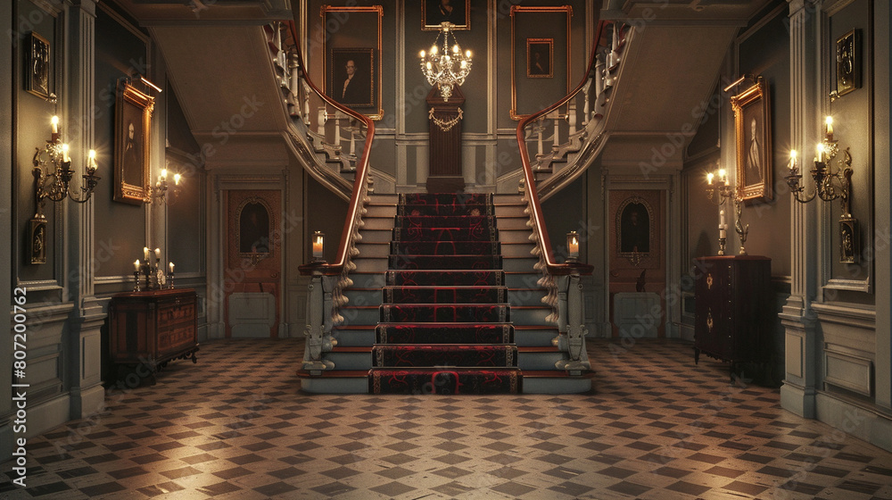 Obraz premium A grand staircase with a red carpet, flanked by portraits and sconces, leads up to a landing with a balcony, in a traditional interior space with dark wood and marble.