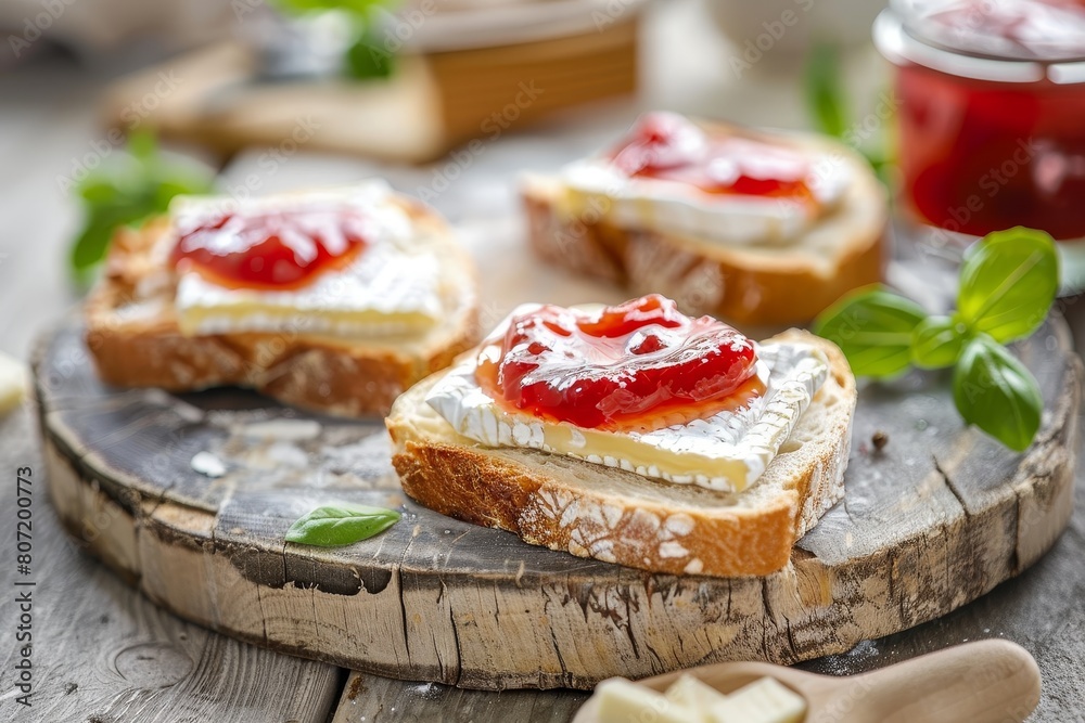 Brie cheese and jam on toast on table