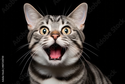 Close-up portrait photography of a smiling american shorthair cat meowing isolated on dark background photo